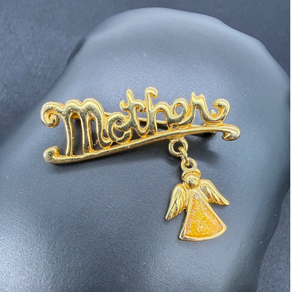 Gold Tone Mother Script Brooch Mom Dangling Orange Glitter Angel Charm Pin Gift